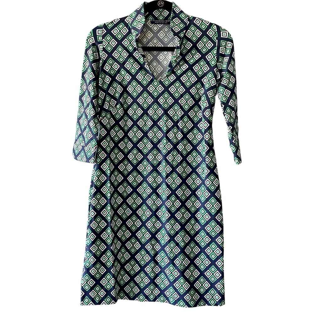 Katherine Way Green Geometric Print 3/4 Sleeve Casual Stretch Dress Size XS